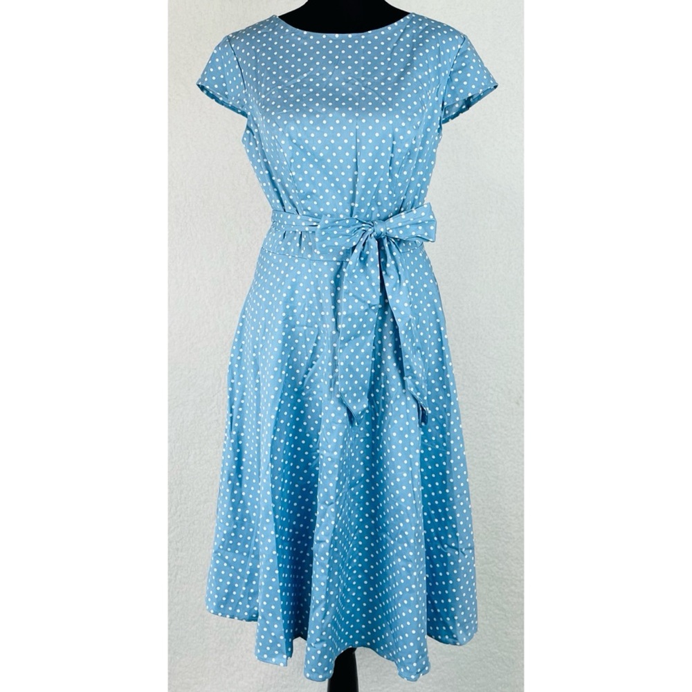 (NWOT) DRESSYSTAR • Blue/White Polka Dot Vintage-Inspired Cap Sleeve Dress, M - Picture 16 of 16